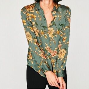 Zara Green Button down floral shirt